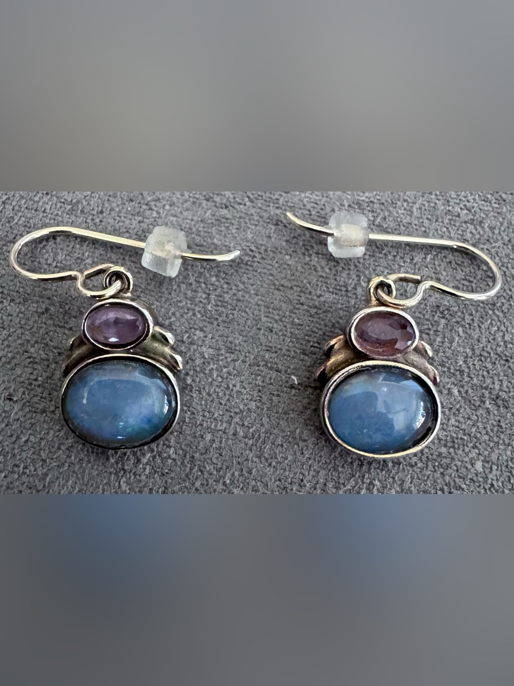 Sterling Silver Double Stone Drop Earrings with Blue and Purple Cabochons